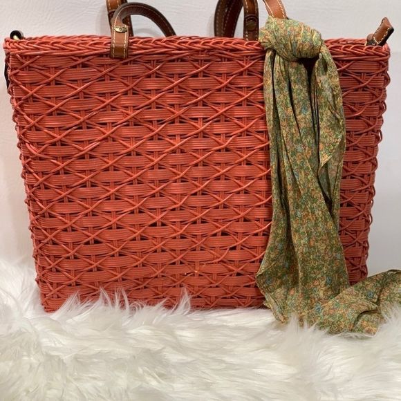 Patricia Nash Woven Straw & Leather Bag With Scarf - Picture 2 of 12